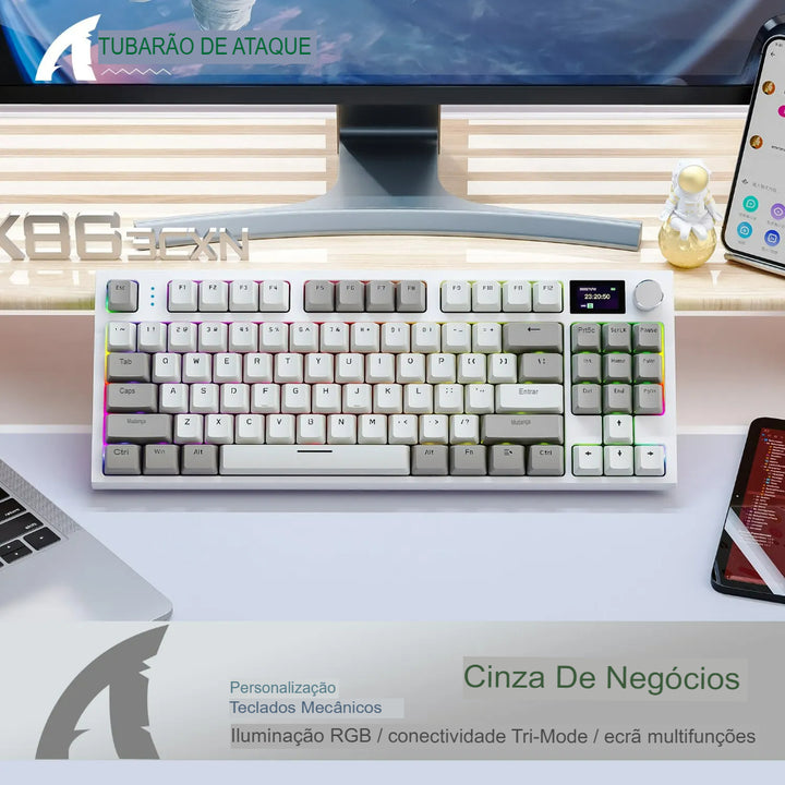 K86 teclado mecânico sem fio, com tela de exibição e botão rotativo.